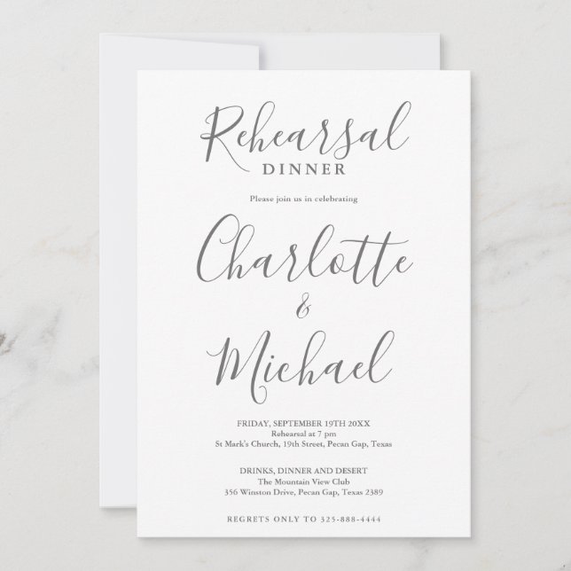 Invitation Dîner de répétition gris et blanc de script de sig (Devant)