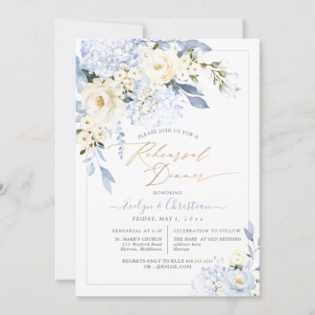 Invitation Dîner de répétition H2 Hydrangea Bleu Roses Crème (Devant)