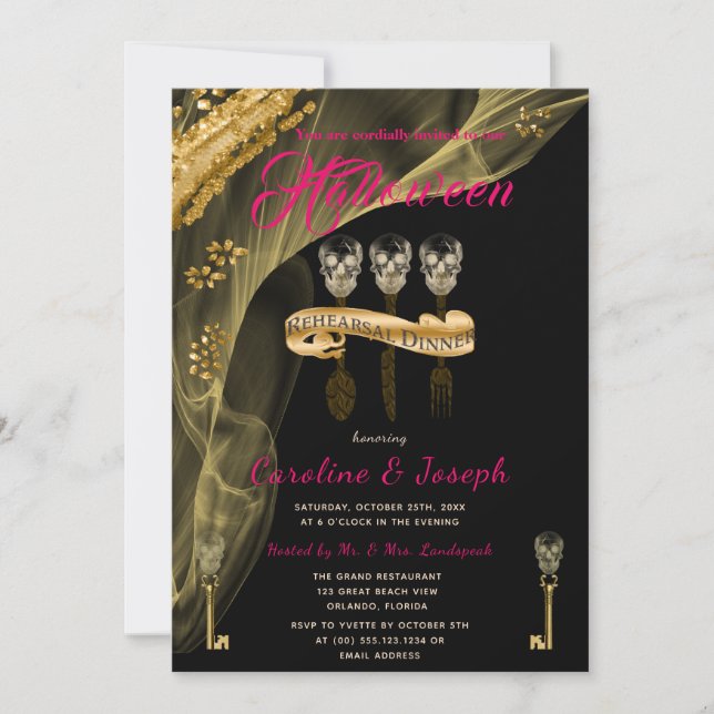 Invitation Dîner de répétition Halloween Noir, Crâne Or Keys (Devant)