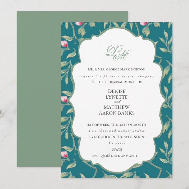 Invitation Dîner de répétition Harbour Blue et Basil Green (Devant / Derrière)