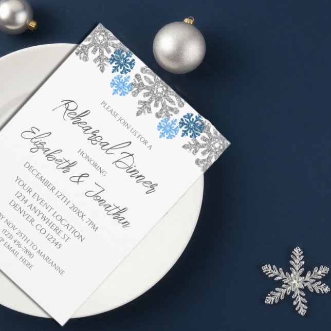 Invitation Dîner de répétition hivernal Silver Blue Snowflake (Créateur téléchargé)