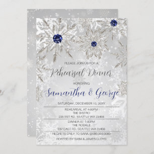Invitation Dîner de répétition hivernal Silver Navy Snowflake