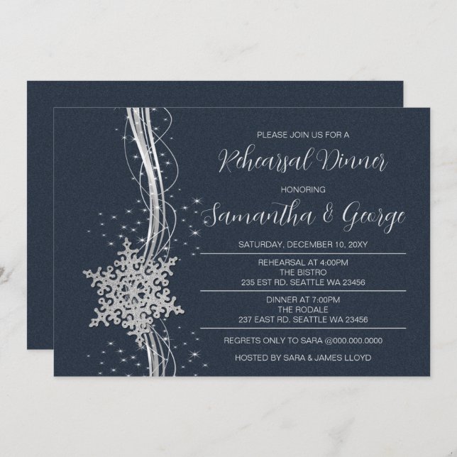Invitation Dîner de répétition hivernal Silver Navy Snowflake (Devant / Derrière)