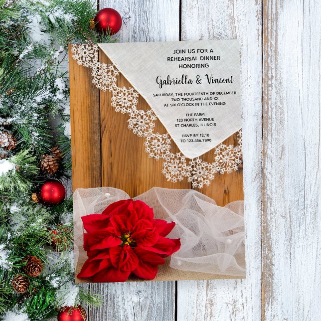Invitation Dîner de répétition hivernale Rustique Poinsettia (Set a wintery tone for your rustic December wedding rehearsal dinner with this charming invitation.)