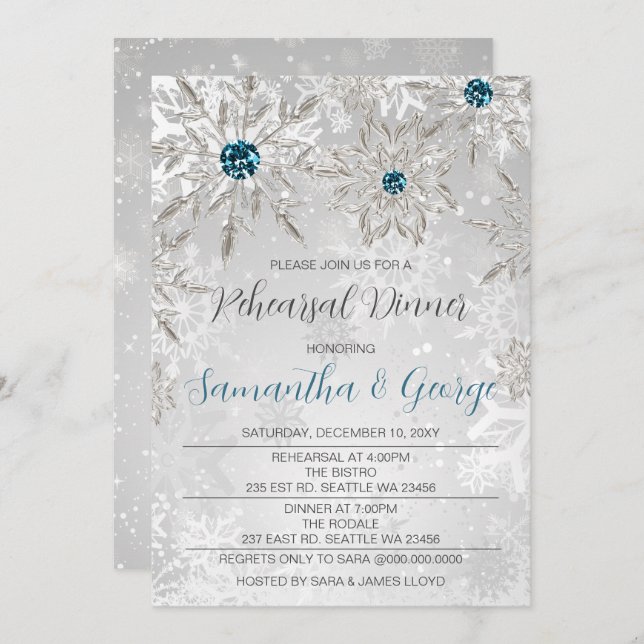 Invitation Dîner de répétition hivernale Silver Aqua Snowflak (Devant / Derrière)