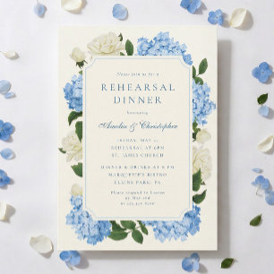 Invitation Dîner de répétition Hydrangea Bleu & Rose Blanche