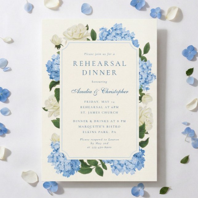 Invitation Dîner de répétition Hydrangea Bleu & Rose Blanche (rehearsal dinner invitation with elegant blue hydrangea flowers and white roses)