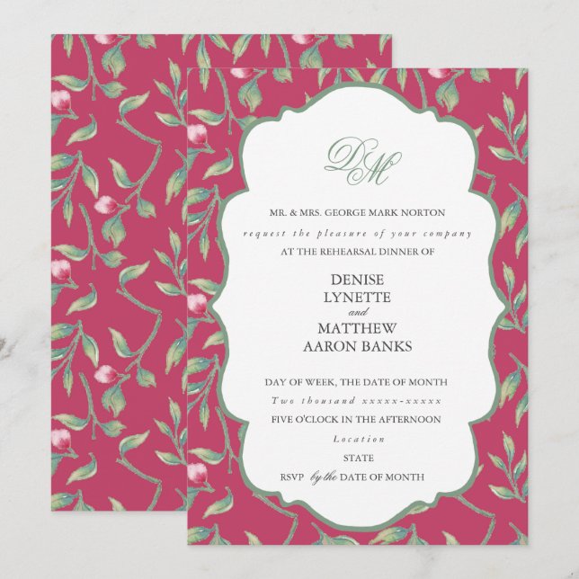 Invitation Dîner de répétition Innuendo Rose et Basil Vert (Devant / Derrière)
