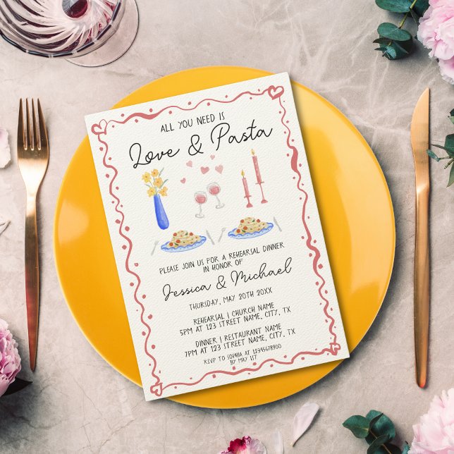 Invitation Dîner de répétition italienne avec l'amour tiré à  (whimsical colorful watercolor italian dinner pasta, wine, candles, flowers.... rehersal dinner invit)
