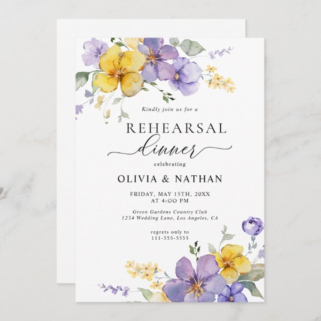 Invitation Dîner de répétition jaune doré de lavande (Devant / Derrière)