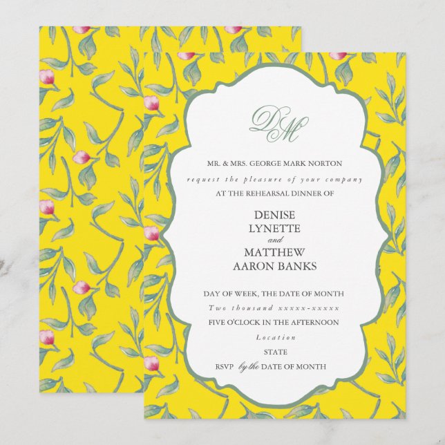 Invitation Dîner de répétition jaune flamboyant et vert basil (Devant / Derrière)