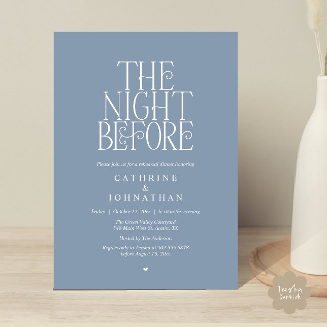 Invitation "Dîner de répétition "La veille" Bleu poussiéreux (Minimalist "The Night Before" Rehearsal Dinner Invitation Card in Dusty Blue)