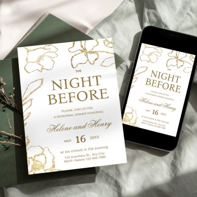 Invitation Dîner de répétition - La veille Fleurs dorées (Rehearsal Dinner - The Night Before Gold Floral Invitation, Before They Say I Do)