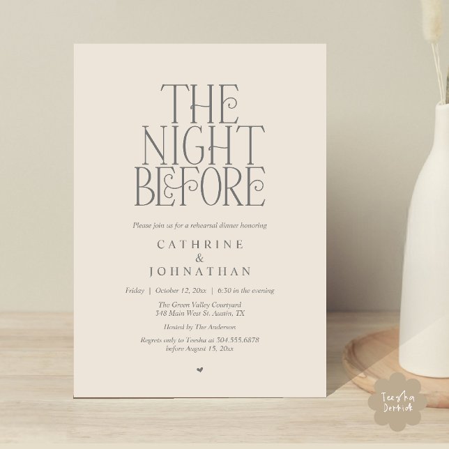 Invitation Dîner de répétition "La veille" Gris Crème (Minimalist "The Night Before" Rehearsal Dinner Invitation Card in Cream Grey)