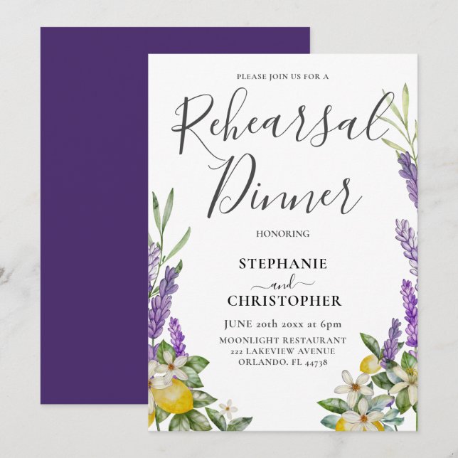 Invitation Dîner de répétition Lemon & Lavender Foliage Maria (Devant / Derrière)