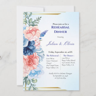 Invitation Dîner de répétition luxueux bleu poussiéreux et ro