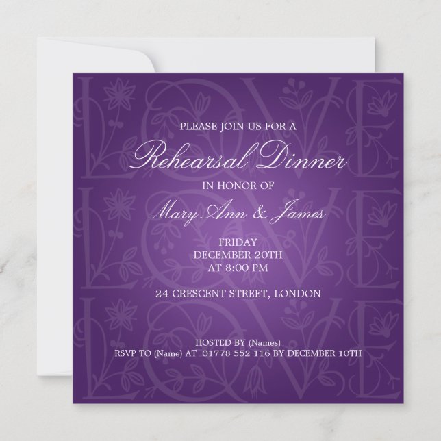 Invitation Dîner de répétition Mariage Amour Flourdissant vio (Devant)