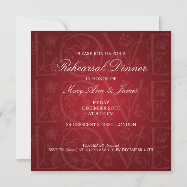 Invitation Dîner de répétition Mariage Amour Rouge fleuri (Devant)