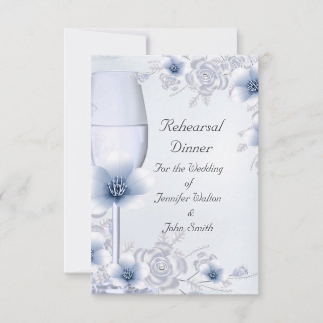 Invitation Dîner de répétition Mariage Argent Bleu Rose Fleur (Devant)