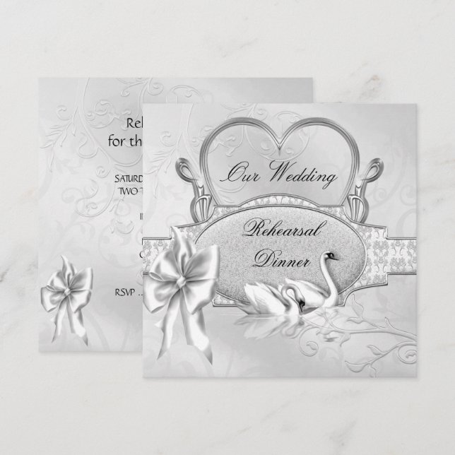 Invitation Dîner de répétition Mariage Argent Cygnes blancs C (Devant / Derrière)