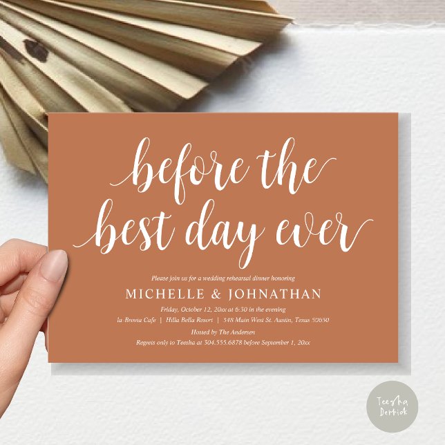 Invitation Dîner De Répétition mariage, Avant Le Meilleur Jou (Before the best day ever, wedding rehearsal dinner invitation card, PDF, in Copper Rust)