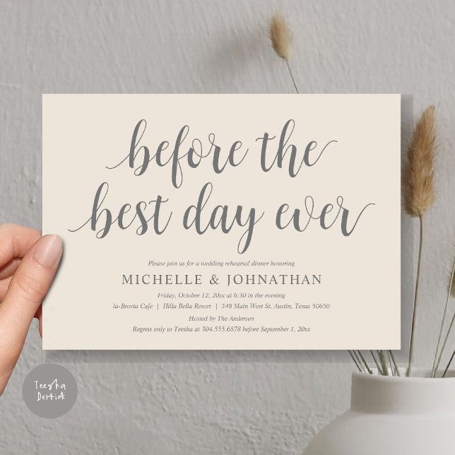 Invitation Dîner De Répétition mariage, Avant Le Meilleur Jou (Before the best day ever, wedding rehearsal dinner invitation card, PDF, in Cream Grey)