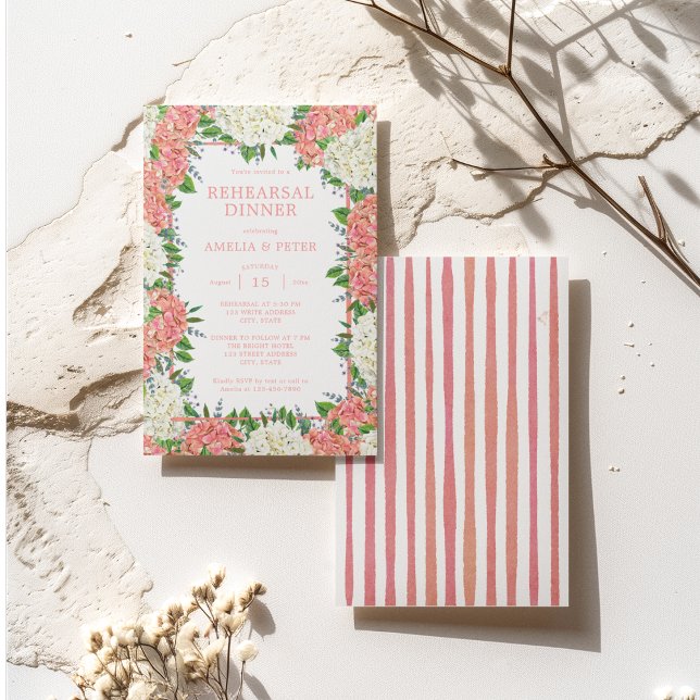 Invitation Dîner de répétition Mariage avec des rayures roses (Front / Back)