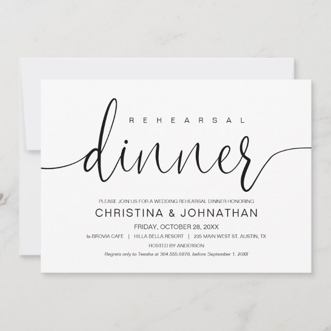 Invitation Dîner de répétition mariage, calligraphie moderne (Devant)