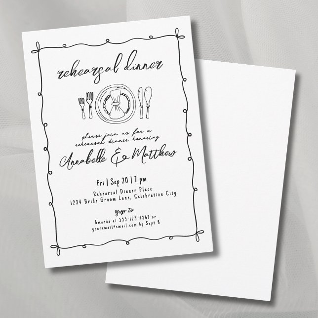 Invitation Dîner De Répétition Mariage Chirky Dessiné À La Ma (Hand Drawn Quirky Wedding Rehearsal Dinner Invitation)