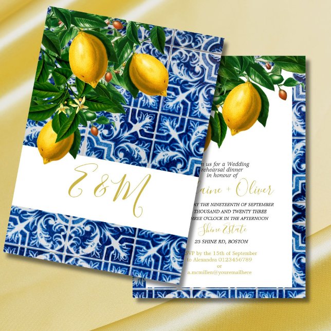 Invitation Dîner de répétition mariage Citron Carrelage Bleu  (Créateur téléchargé)