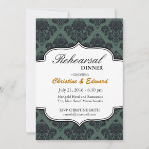 Invitation Dîner de répétition Mariage damassé noir et Turquo