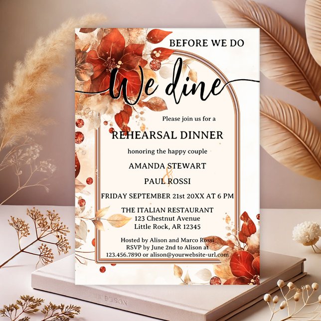 Invitation Dîner de répétition Mariage de l'aquarelle italien (Italian red flowers watercolor wedding rehearsal dinner invitation with script text)