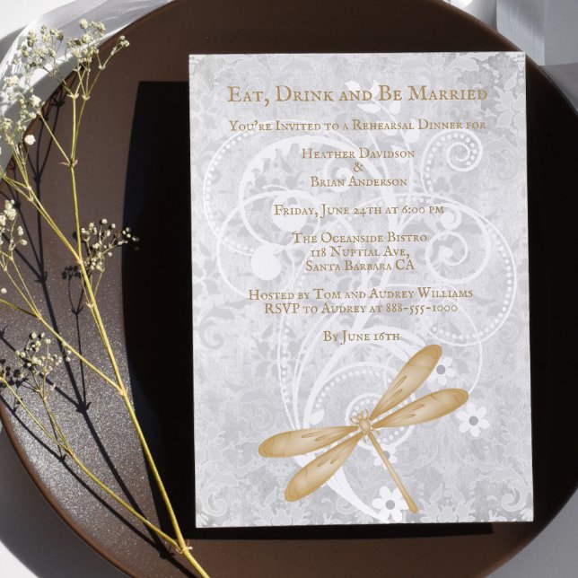 Invitation Dîner de répétition Mariage de libellules d'or Inv (Gold Dragonfly Wedding Rehearsal Dinner Invitation)