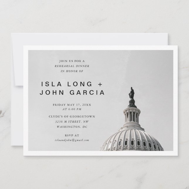 Invitation Dîner de répétition Mariage de Washington DC (Devant)
