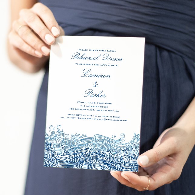 Invitation Dîner de répétition Mariage Décontracté Blue Ocean (Navy Blue Ocean Waves Casual Rehearsal Dinner invitation for a Coastal Chic Wedding Concertina Press)