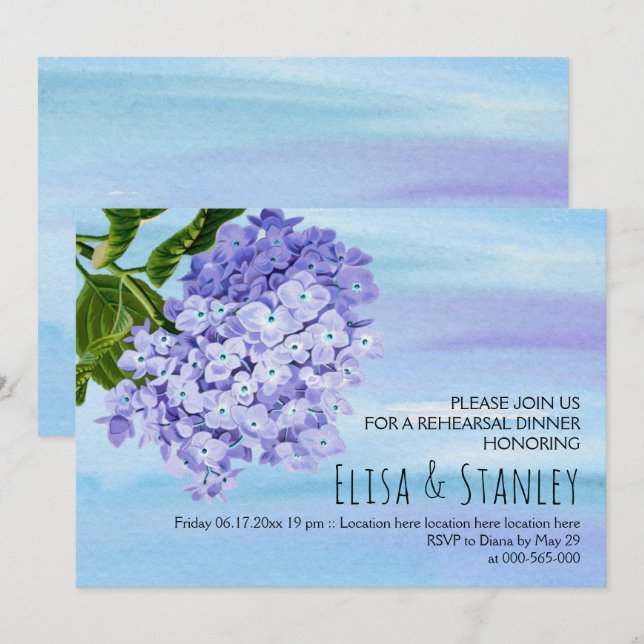 Invitation Dîner de répétition mariage des hydrangées bleues (Devant / Derrière)