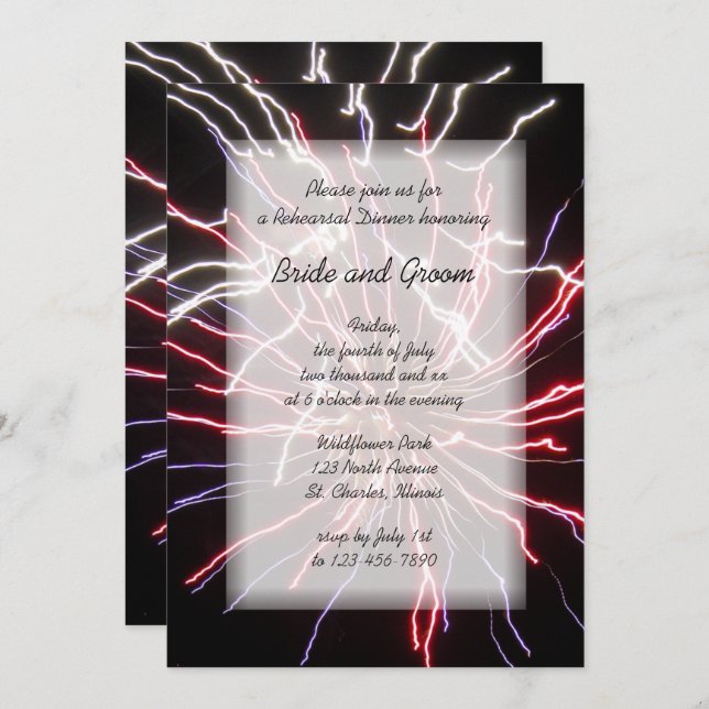Invitation Dîner de répétition Mariage d'été Fireworks (Devant / Derrière)