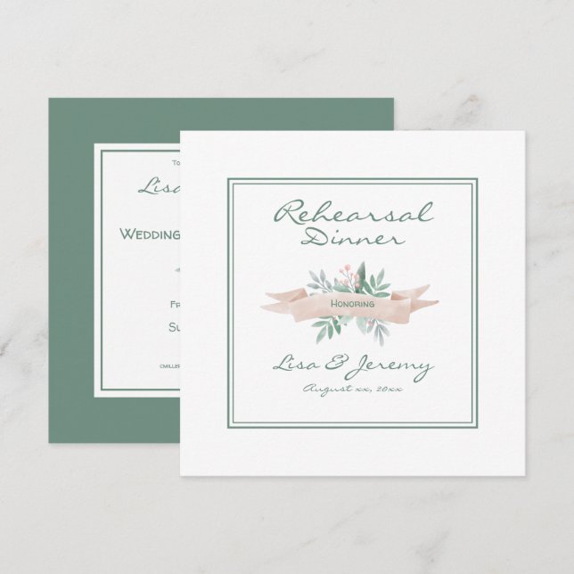 Invitation Dîner de répétition Mariage d'été rose pâle, vert (Devant / Derrière)