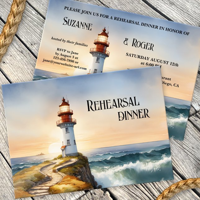 Invitation Dîner de répétition Mariage du phare d'aquarelle (Nautical Rehearsal Dinner invitation featuring a watercolor painting of a lighthouse at sunset)