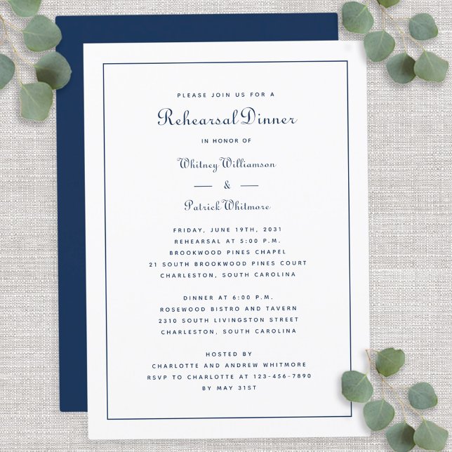 Invitation Dîner de répétition Mariage Élégant Script Bleu Bl (Rehearsal Dinner Wedding Elegant Script Blue White Invitation)