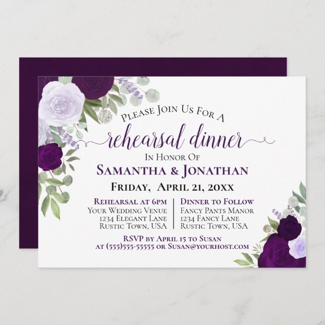 Invitation Dîner de répétition Mariage élégant violet (Devant / Derrière)