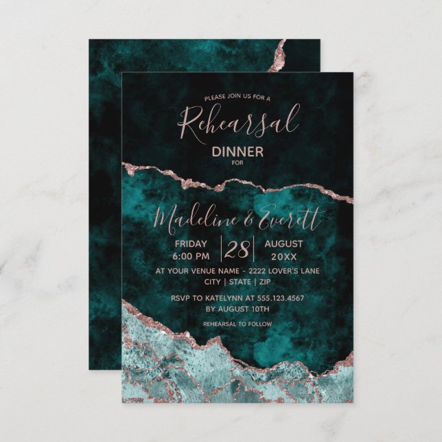 Invitation Dîner de répétition Mariage Emerald & Rose Gold Ag (Devant / Derrière)