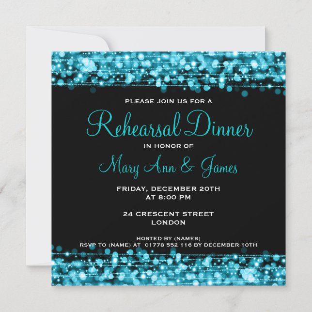 Invitation Dîner de répétition mariage Étincelles Turquoise (Devant)