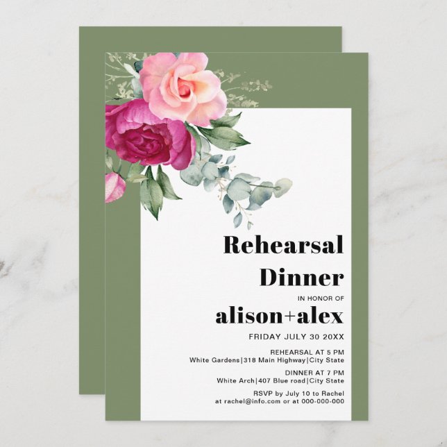 Invitation Dîner de répétition mariage Eucalyptus et roses ro (Devant / Derrière)