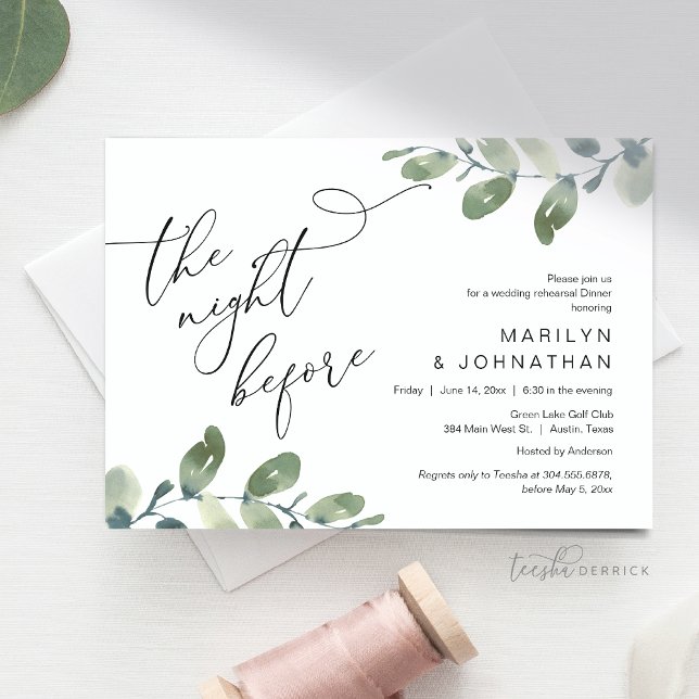 Invitation Dîner de répétition mariage, Eucalyptus Green (Wedding Rehearsal Dinner, Eucalyptus Greenery Invitation Card, The Night before, Modern Minimal)