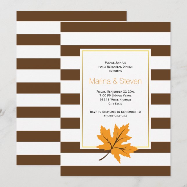 Invitation Dîner de répétition mariage feuilles et rayures de (Devant / Derrière)