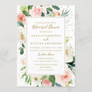 Invitation Dîner de répétition Mariage Floral Gold Blush