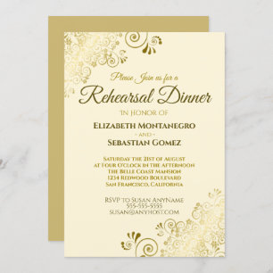Invitation Dîner de répétition Mariage Gold Filigree Cream