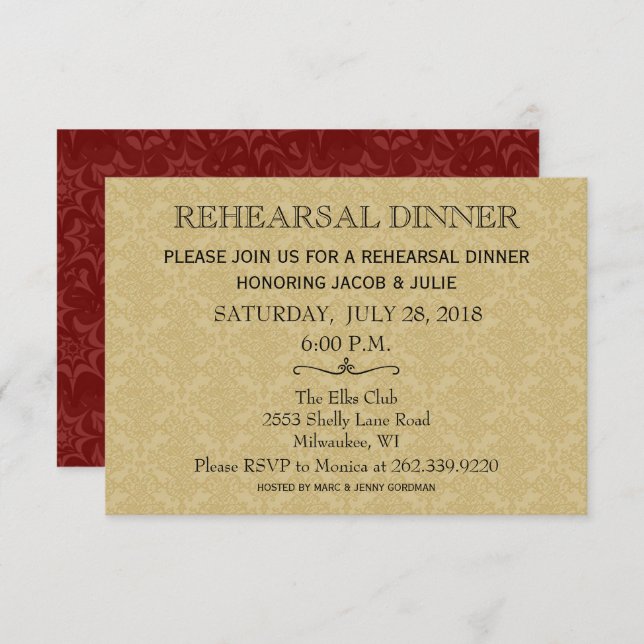 Invitation Dîner de répétition mariage / Gold & Maroon Damask (Devant / Derrière)