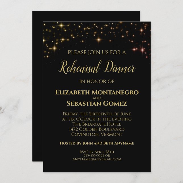 Invitation Dîner de répétition Mariage Gold Stars and Sparkle (Devant / Derrière)